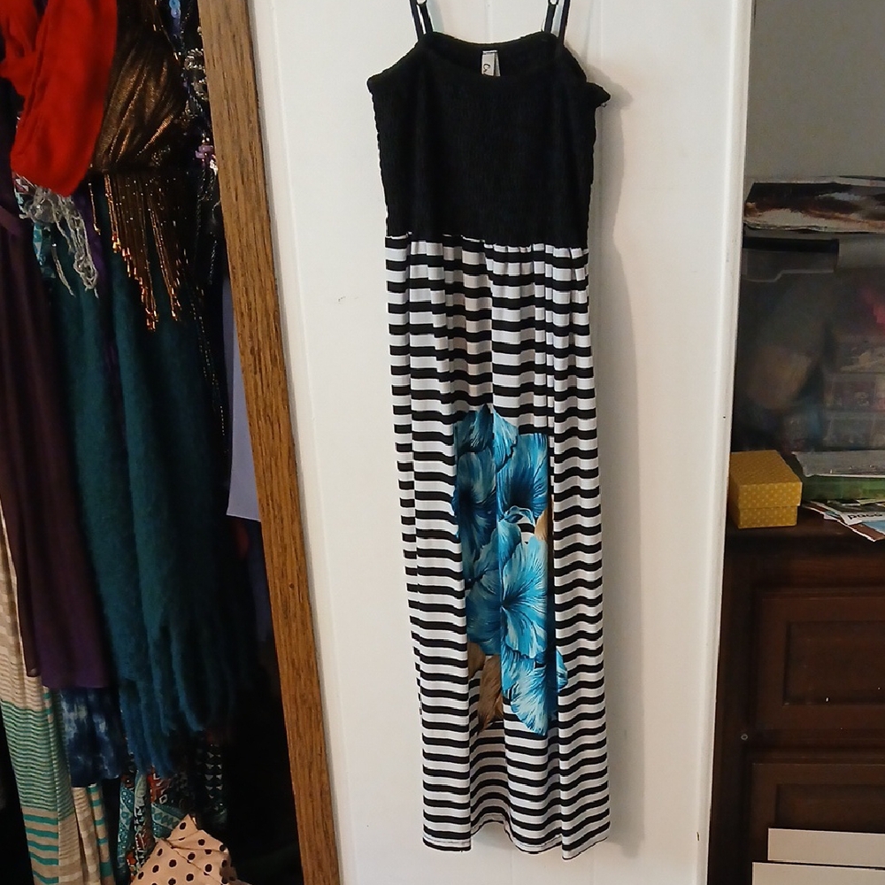 Black and White Striped Maxi Dress with Blue Floral Design